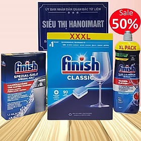 Combo rửa bát Finish: Nước làm bóng chai 750ml, Hộp Classic 90 viên, Muối hộp 1,5kg - Chính hãng.