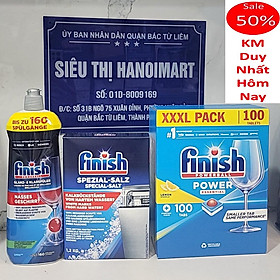 combo bộ 100 viên rửa chén finish Muối làm mềm nước 1,2 kg và chai nuớc l;àm bóng finish