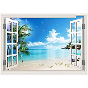 (HCM)Tranh dán tường 3d cửa sổ biển trang trí phòng khách, phòng ngủ, khách sạn tích hợp sẵn keo