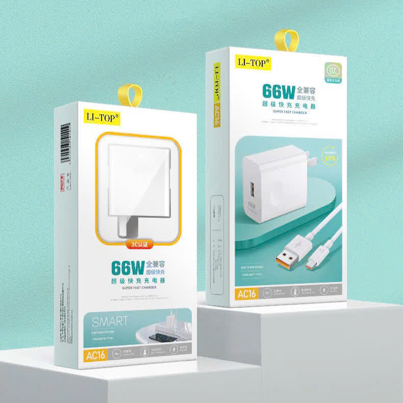 Bộ sạc nhanh 66W LI-TOP AC16 chân cắm Type C, chứng nhận 3C tiêu chuẩn quốc gia, được dùng thử 30 ngày, bảo hành hàng chính hãng 1 năm