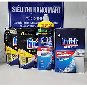 Combo Viên rửa bát Finish Quantum Ultimate 50 viên + Muối Finish làm mềm nước 1.5kg + Nước làm bóng bát Finish 800ml cho máy rửa bát
