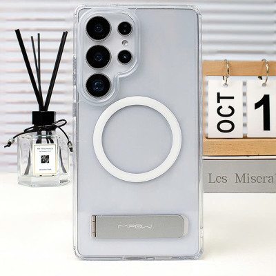 Ốp lưng sạc từ tính chân chống Samsung Galaxy S25 Ultra/ S25 Plus, Mipow Qi2 Tempered Stand Transparent (Bayer Germany)_ Hàng Chính Hãng