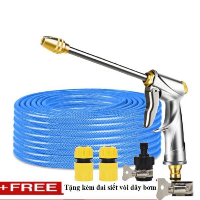 Bộ dây vòi xịt nước rửa xe, tưới cây . tăng áp 3 lần, loại 20m 206701-2 đầu đồng,cút,nối đen + tặng đai