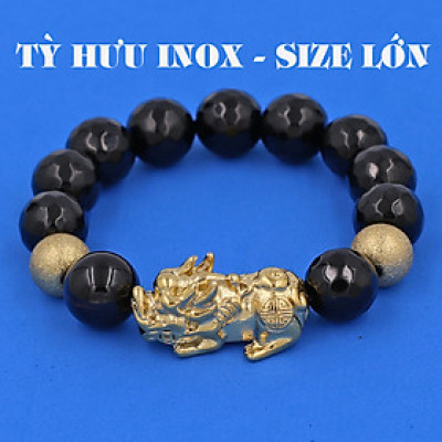 Vòng chuỗi đeo tay đá thạch anh đen cắt giác 14 ly ( size lớn ) charm tỳ hưu và bi inox vàng, vòng tay chuỗi hạt