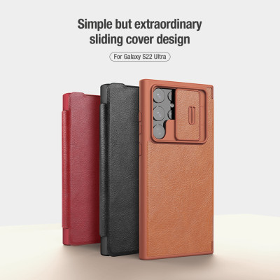 Case bao da chống sốc cho Samsung Galaxy S22 Ultra hiệu Nillkin Qin Pro trang bị nắp bảo vệ Camera (Chất liệu da cao cấp, có ngăn đựng thẻ, mặt da siêu mềm mịn) - hàng nhập khẩu