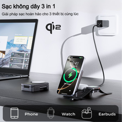Đế sạc nhanh không dây 3 in 1 gấp gọn 15W Choetech T637 chuẩn Qi2 dùng cho điện thoại, tai nghe và đồng hồ thông minh - Hàng chính hãng)