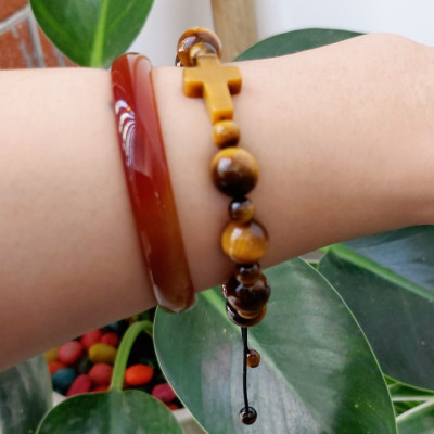 Vòng tay chuỗi mân côi đá mắt hổ vàng nâu cho Nam và Nữ
