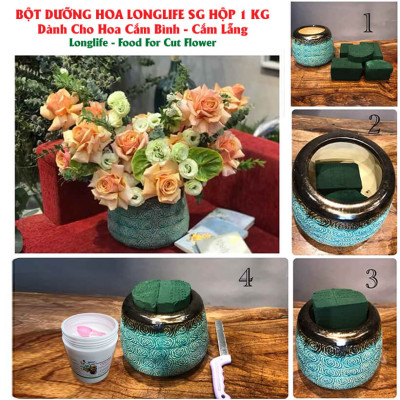 Thuốc cắm hoa lâu tàn Longlife SG nhập khẩu Israel (dạng bột Hủ 1 KG pha 100 L nước) giúp hoa cắm xốp tại Shop Hoa Florist tươi gấp 2 lần và hạn chế thay hoa định kỳ