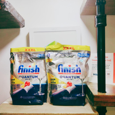 Túi 60 viên rửa chén Finish Quantum All in 1 (tất cả trong 1 viên – Hương chanh xanh & táo) - dành cho máy rửa chén