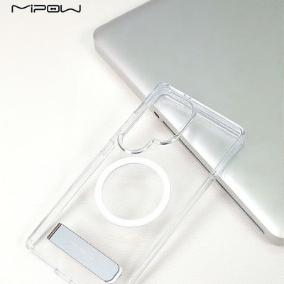 Ốp lưng sạc từ tính chân chống Samsung Galaxy S25 Ultra/ S25 Plus, Mipow Qi2 Tempered Stand Transparent (Bayer Germany)_ Hàng Chính Hãng