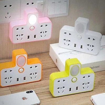 Combo 2 cái Ổ Cắm Điện Đa Năng Chữ T Siêu Tiện Dụng (4 Chấu + 2 Cổng USB) - Ổ Điện Tiện Lợi Kết Hợp Đèn Ngủ