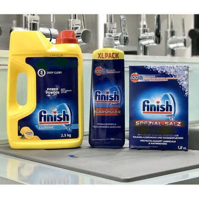 Combo Bột Finish 2,5kg + Muối rửa bát Finish 1.2kg + Nước làm bóng Finish 750ml Tặng 1 viên Finish