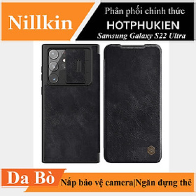 Case bao da chống sốc cho Samsung Galaxy S22 Ultra hiệu Nillkin Qin Pro trang bị nắp bảo vệ Camera (Chất liệu da cao cấp, có ngăn đựng thẻ, mặt da siêu mềm mịn) - hàng nhập khẩu