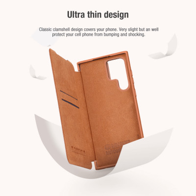 Case bao da chống sốc cho Samsung Galaxy S22 Ultra hiệu Nillkin Qin Pro trang bị nắp bảo vệ Camera (Chất liệu da cao cấp, có ngăn đựng thẻ, mặt da siêu mềm mịn) - hàng nhập khẩu