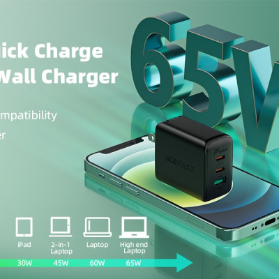 Sạc Acefast PD3.0 65W 3 cổng USB-C+USB-C+USB-A (US) - A15 Hàng chính hãng Acefast