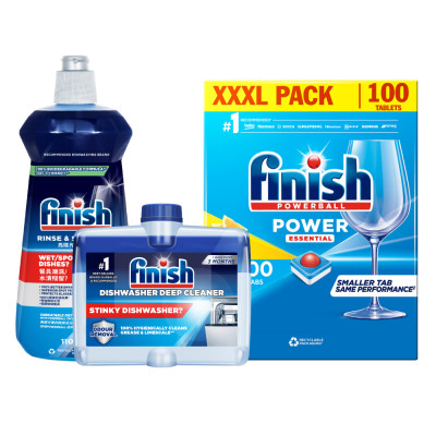 Combo Finish tiện lợi 1:Hộp 100 Viên Rửa Bát Finish Essential+ Nước Làm Bóng 500ml+ Dung Dịch Vệ Sinh Máy 250ml