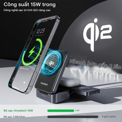 Đế sạc nhanh không dây 3 in 1 gấp gọn 15W Choetech T637 chuẩn Qi2 dùng cho điện thoại, tai nghe và đồng hồ thông minh - Hàng chính hãng)