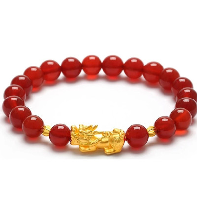 Vòng tay đá thạch anh đỏ gắn tỳ hưu và charm tròn may mắn cho Nam và Nữ