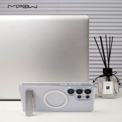 Ốp lưng sạc từ tính chân chống Samsung Galaxy S25 Ultra/ S25 Plus, Mipow Qi2 Tempered Stand Transparent (Bayer Germany)_ Hàng Chính Hãng