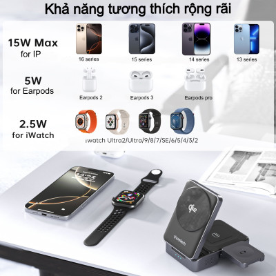 Đế sạc nhanh không dây 3 in 1 gấp gọn 15W Choetech T637 chuẩn Qi2 dùng cho điện thoại, tai nghe và đồng hồ thông minh - Hàng chính hãng)