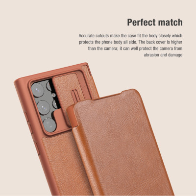 Case bao da chống sốc cho Samsung Galaxy S22 Ultra hiệu Nillkin Qin Pro trang bị nắp bảo vệ Camera (Chất liệu da cao cấp, có ngăn đựng thẻ, mặt da siêu mềm mịn) - hàng nhập khẩu