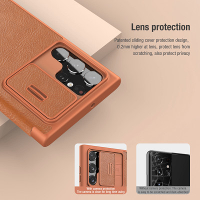 Case bao da chống sốc cho Samsung Galaxy S22 Ultra hiệu Nillkin Qin Pro trang bị nắp bảo vệ Camera (Chất liệu da cao cấp, có ngăn đựng thẻ, mặt da siêu mềm mịn) - hàng nhập khẩu