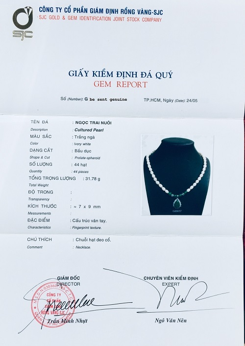 Bộ trang sức Ngọc trai tự nhiên, kèm GIẤY KIỂM ĐỊNH SẢN PHẨM MẪU TẠI SJC LAB, Cỡ hạt 8li, bao gồm Vòng Cổ + Lắc tay + Hoa tai + Hộp lót gấm