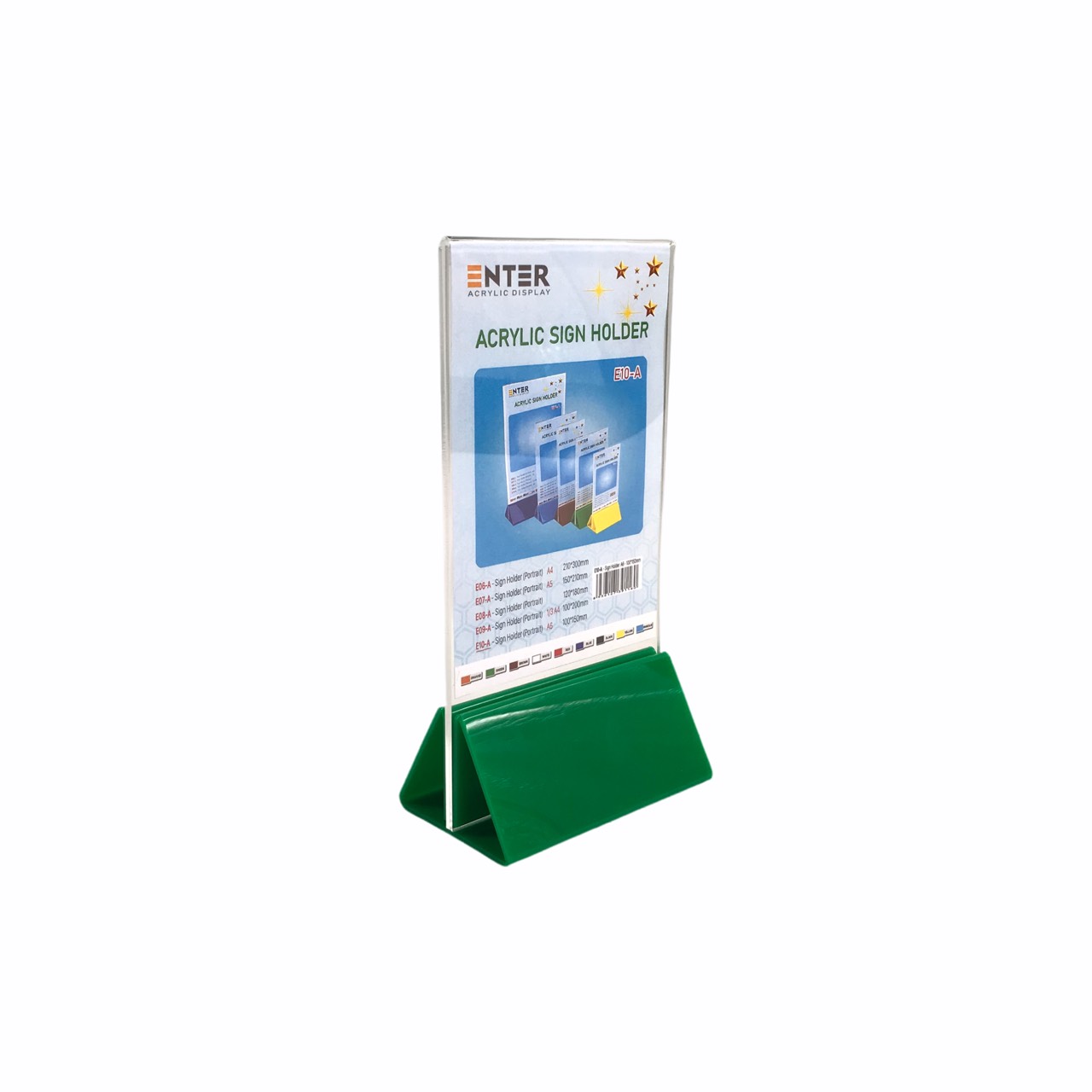 Kệ menu nhà hàng, Standee mica để bàn, Bảng quét mã QR Code, Kệ mica 2 mặt Enter E10-A 100x150mm đế lùa uốn chân chữ A