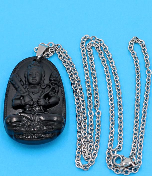 Vòng cổ phật Hư Không Tạng Bồ Tát - thạch anh đen 3.6cm DITTEB6 - dây inox bạc - kèm hộp nhung - tuổi Sửu, Dần