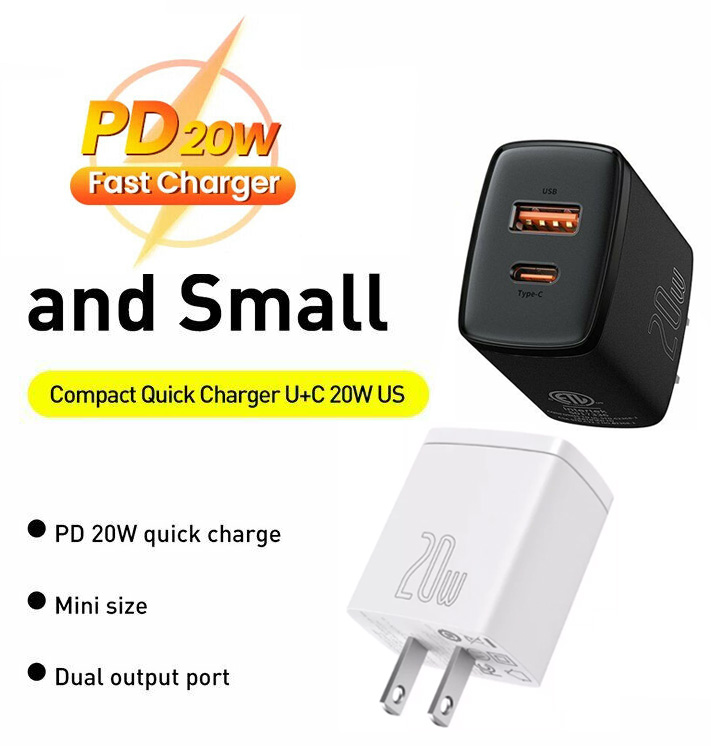 Củ sạc nhanh PD 20W Baseus Compact Quick Charger chuôi dẹt 1 cổng Usb và Type-C - Hàng chính hãng
