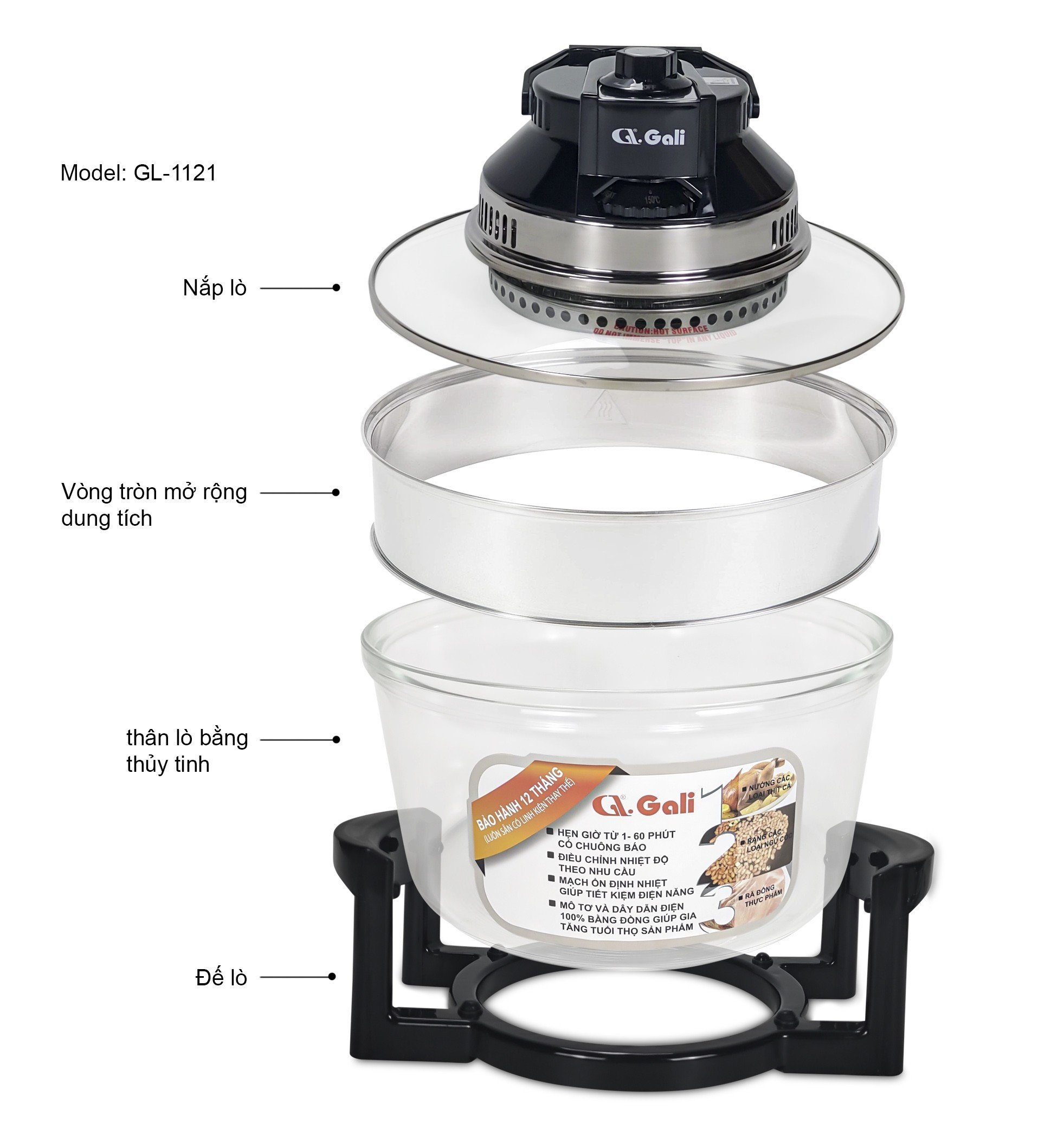 Thân nồi lò nướng thủy tinh, 12-17 lít, đầu lò 1300w, khay, vỉ nướng, chân nhựa, vành inox, hàng chính hãng Gali