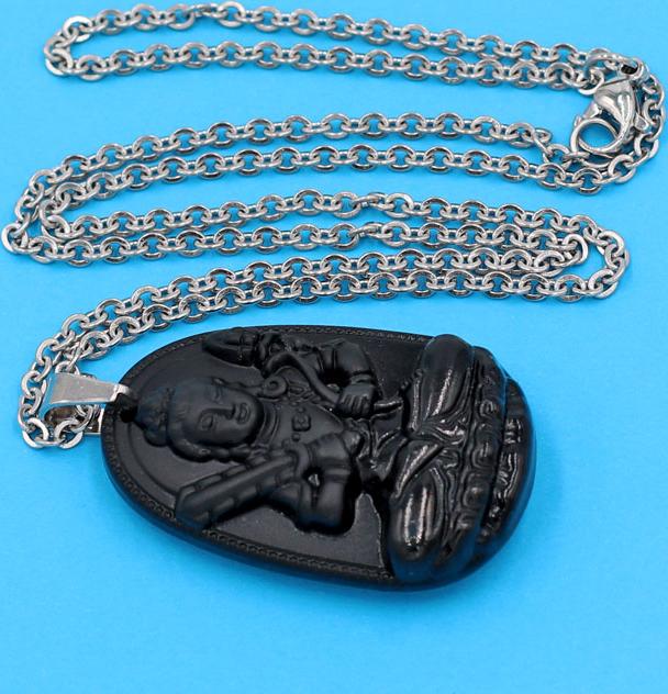 Vòng cổ phật Hư Không Tạng Bồ Tát - thạch anh đen 3.6cm DITTEB6 - dây inox bạc - kèm hộp nhung - tuổi Sửu, Dần