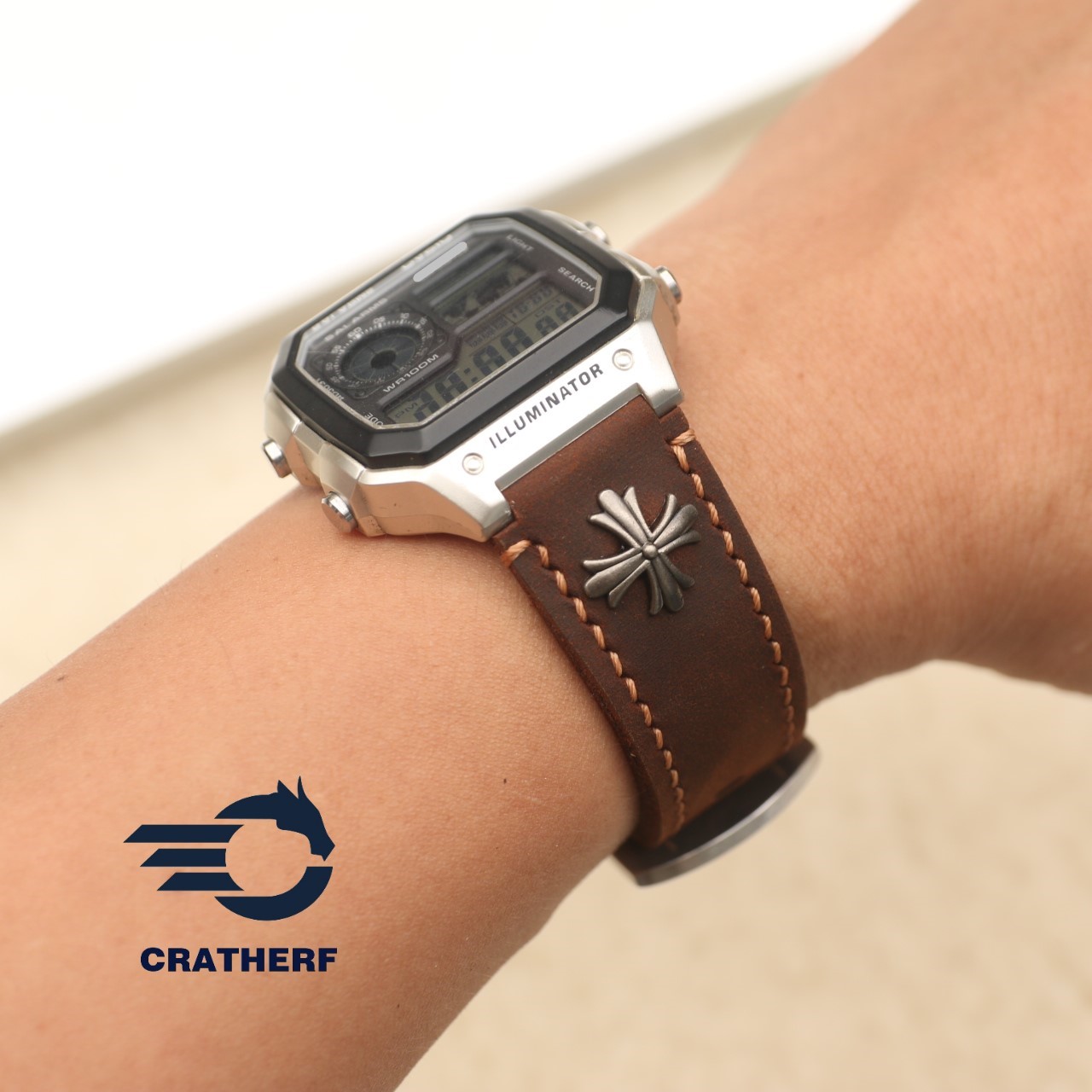 Dây da thay thế đồng hồ Casio AE1200 da bò sáp nâu Ngựa Rivet Handmade