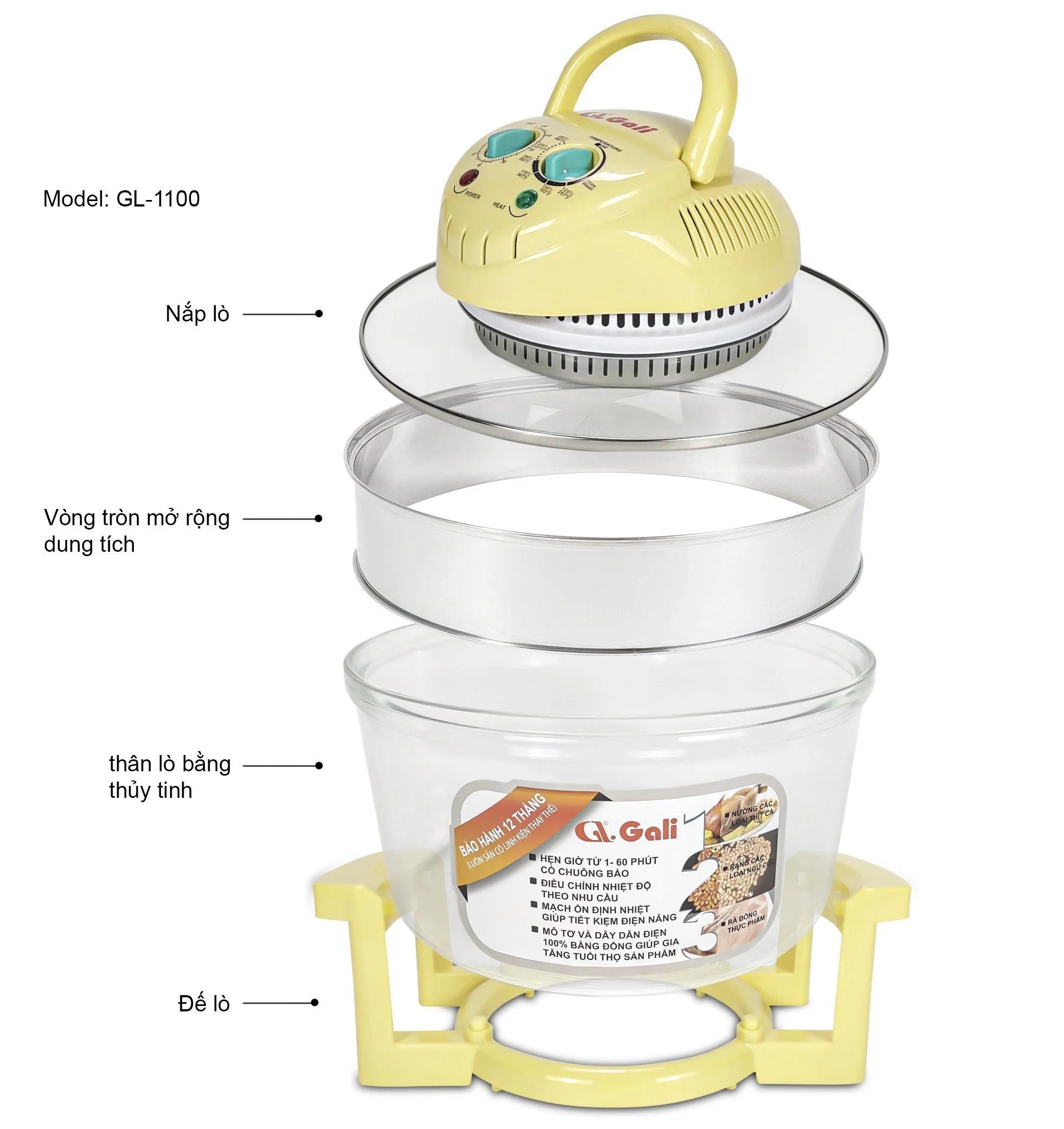 Thân nồi lò nướng thủy tinh, 12-17 lít, đầu lò 1300w, khay, vỉ nướng, chân nhựa, vành inox, hàng chính hãng Gali
