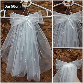 Voan cài tóc cô dâu ngắn 50cm đính nơ mẫu mới 92020 GIANGPKC