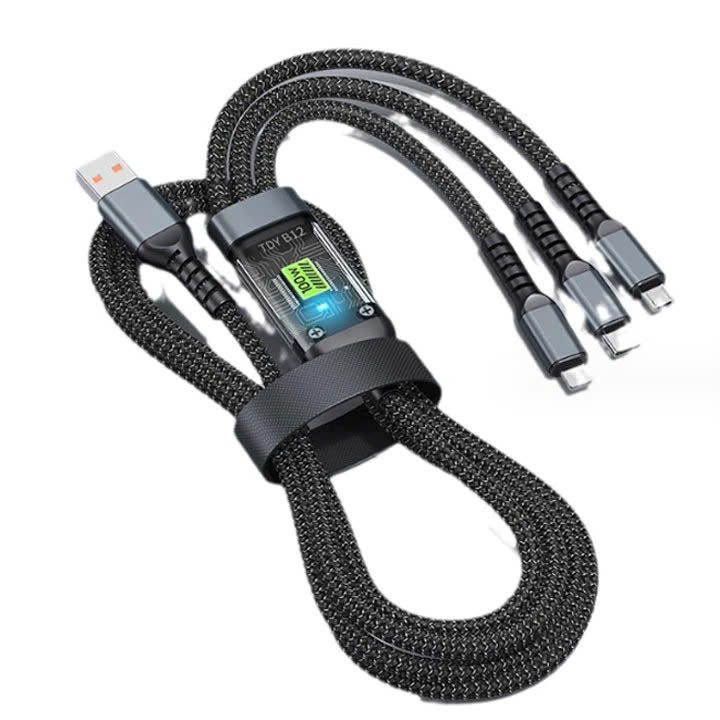 Dây cáp sạc nhanh 3 đầu ip typeC micro dây dù sạc 3 thiết bị cùng lúc Dây Sạc Tự Ngắt 100W Tích Hợp Usb 3 In 1 - Hàng Nhập Khẩu