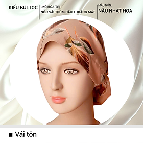 [KIỂU BÚI TÓC-NÂU NHẠT HOA] Nón hóa trị vải mềm mát, hút mồ hôi, bệnh nhân ung thư, chemo hat, mũ vải trùm đầu, khăn vải