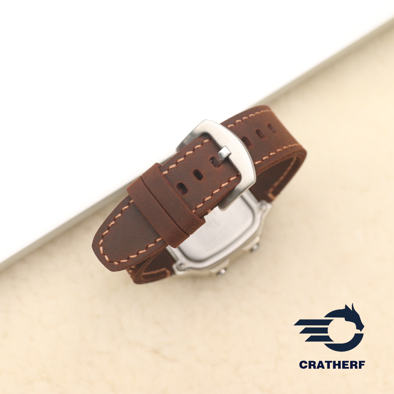 Dây da thay thế đồng hồ Casio AE1200 da bò sáp nâu Ngựa Rivet Handmade