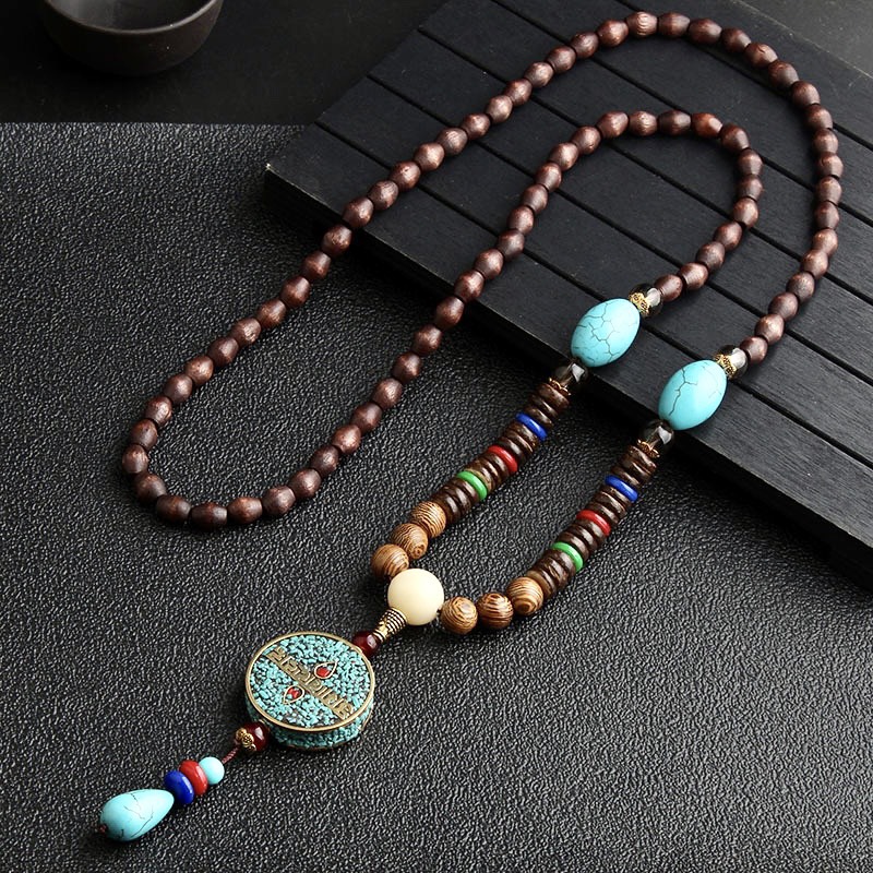 VÒNG CỔ CHUỖI HẠT GỖ LỤC TỰ OM MANI PADME HUM NGỌC LAM TÂY TẠNG