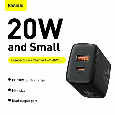 Cóc sạc  Baseus Compact Quick  nhỏ gọn 20W (USB + Type C Dual Port, 20W PD/QC 3.0 Multi Quick Charge Support) cho iPhone 12/iP11/XS Max, Android .. - Hàng chính hãng