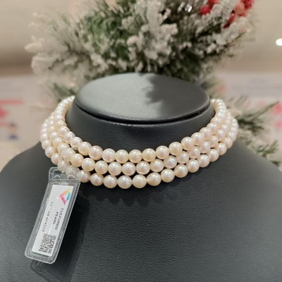 Chuỗi Ngọc Trai nước mặn Akoya ánh xà cừ phớt vàng - Choker 3 tầng (kèm kiểm định)