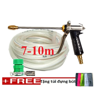 Bộ dây vòi xịt nước rửa xe,tưới cây .tăng áp 3 lần,loại 7m.10m 206318 đầu đồng,đai,nối nhựa v+tặng túi đựng bút