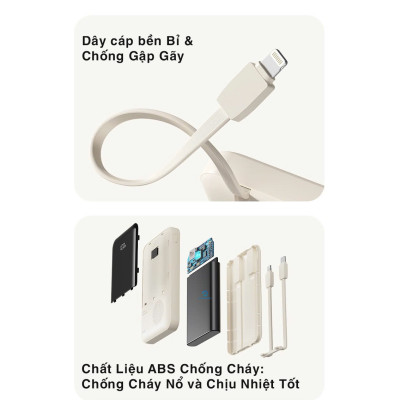 Pin dự phòng sạc nhanh ROCK P95 PD 22.5W 10000mAh có cáp tích hợp , hàng chính hãng bảo hành 1 năm