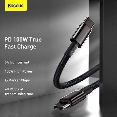 Dây cáp sạc nhanh 100W chuẩn PD 3.0  type c to type c QC 3.0 dài 200cm hiệu Baseus Tungsten Gold sạc nhanh 5A, truyền tải data 480Mbps - hàng nhập khẩu