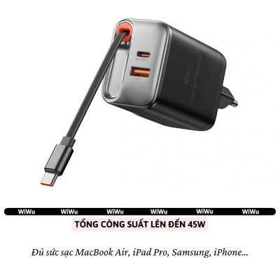 Adapter cóc củ sạc nhanh 45W PD USB C + USB-A 3.0 kèm dây sạc Type-C PPS chống cháy hiệu WIWU Helix Fast Charger cho iPhone iPad Oppo Samsung - Hàng nhập khẩu