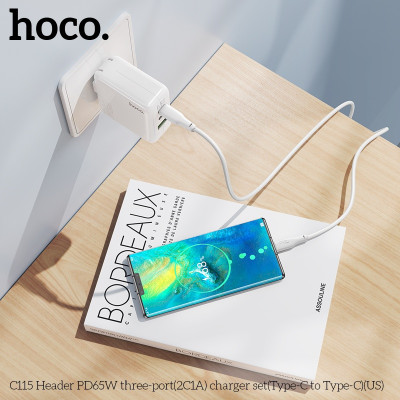 Bộ sạc nhanh 65W chân sạc Typec cao cấp cho điện thoại tiện lợi với 2 cổng type-C, 1 cổng USB an toàn chống cháy nổ - Hàng nhập khẩu
