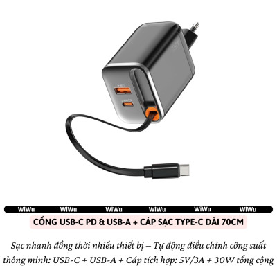 Adapter cóc củ sạc nhanh 45W PD USB C + USB-A 3.0 kèm dây sạc Type-C PPS chống cháy hiệu WIWU Helix Fast Charger cho iPhone iPad Oppo Samsung - Hàng nhập khẩu