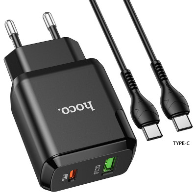 Củ sạc nhanh Hoco N5 (QC, PD 20W) cho android,iphone - chất liệu PC chống cháy - Phích cắm EU ( chân tròn) - Hàng chính hãng