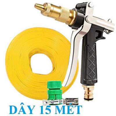 Bộ dây vòi xịt nước rửa xe, tưới cây . tăng áp 3 lần, loại 15m 206318 đầu đồng,đai,nối vàng+ tặng mở chai