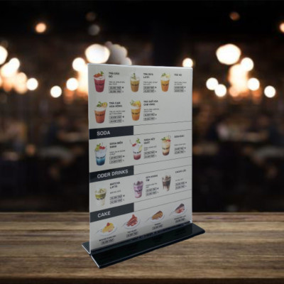 Kệ menu nhà hàng, Standee mica để bàn, Bảng quét mã QR Code, Kệ mica 2 mặt Enter E09-U 100x210mm đế lùa uốn bằng